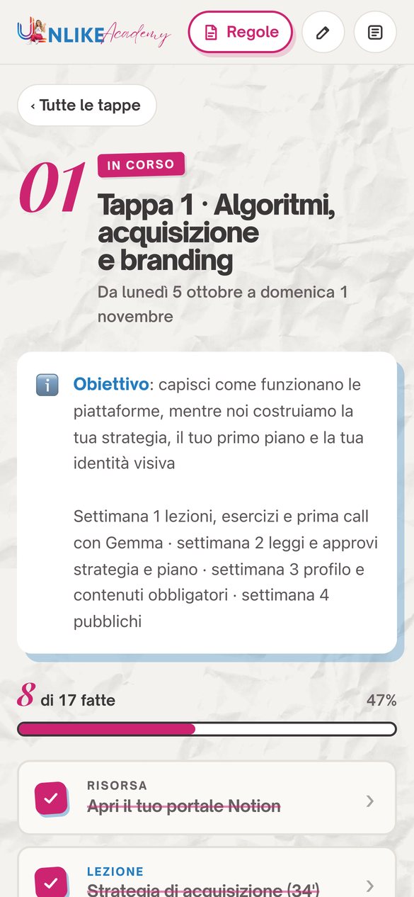 Una tappa del percorso dal telefono: obiettivo, attività spuntate e barra dei progressi
