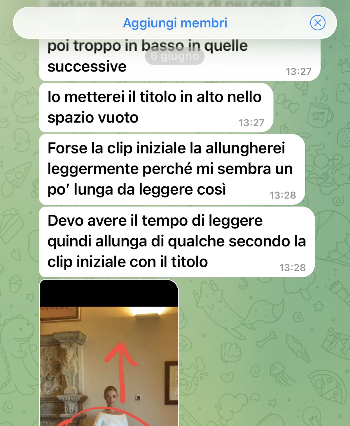 Correzione in chat: titolo e durata della clip iniziale
