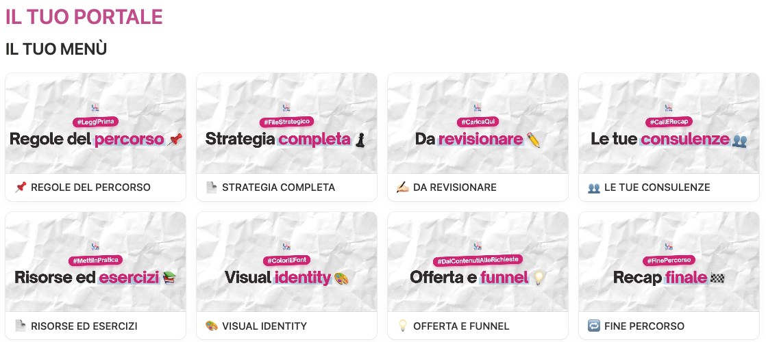 Il menù del portale: regole del percorso, strategia completa, da revisionare, consulenze, risorse ed esercizi, visual identity, offerta e funnel, recap finale
