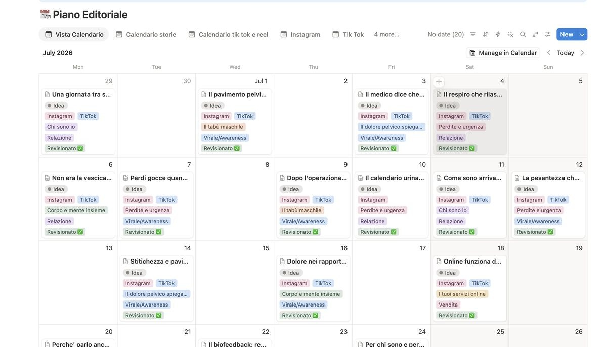 Il piano editoriale in vista calendario con lo stato di revisione
